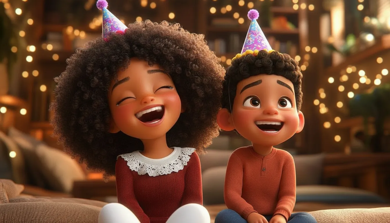 Cartoon illustration of a cozy child looking out a window at a snowy, sparkly New Year's Eve scene.