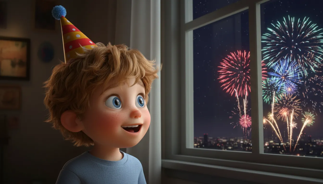 A colorful illustration of children watching fireworks and a clock striking midnight for New Year's Eve.